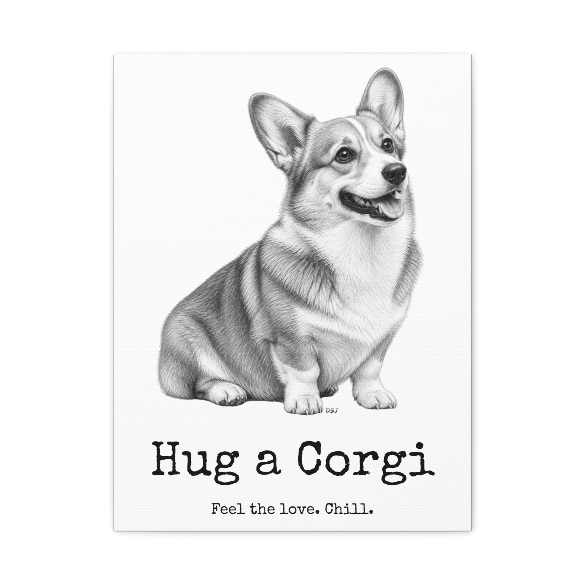 Corgi Canvas Wall Art | Hug a Corgi | Charcoal Sketch Print