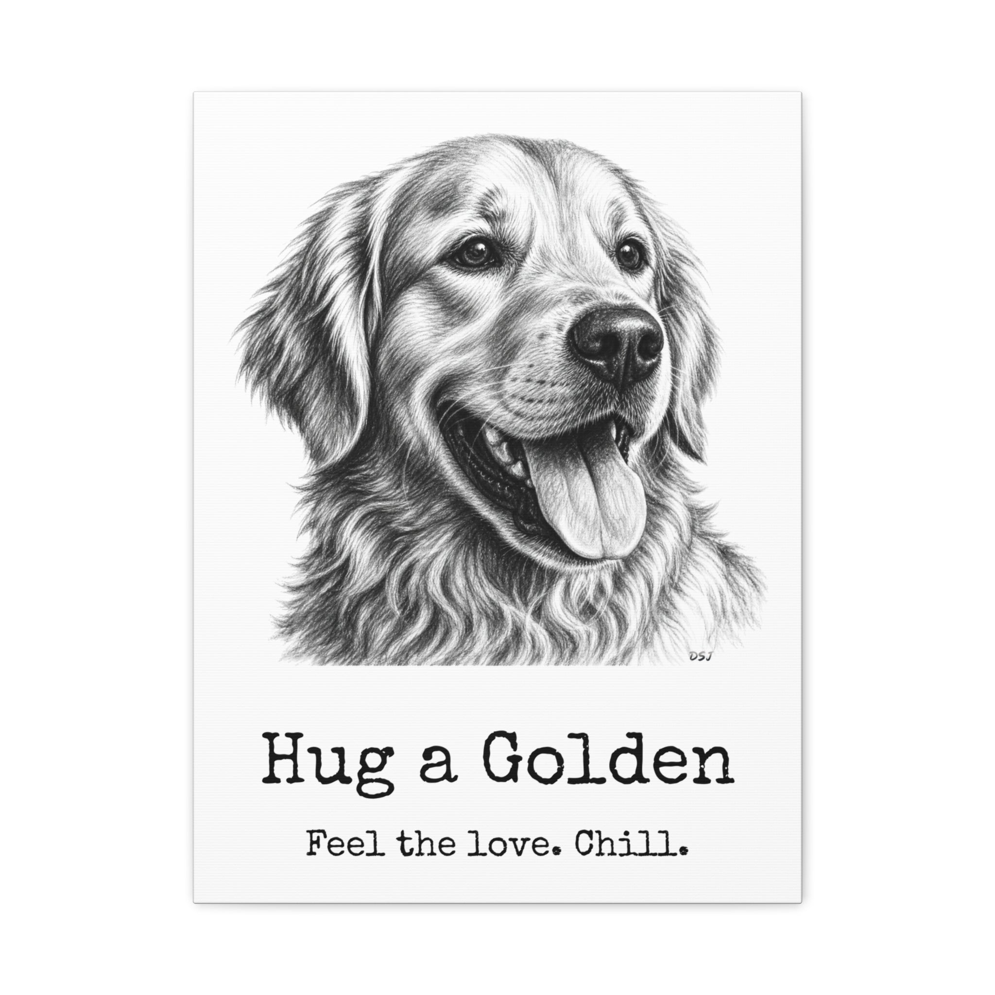 Golden Retriever Canvas Wall Art | Hug a Golden | Charcoal Sketch Portrait Print