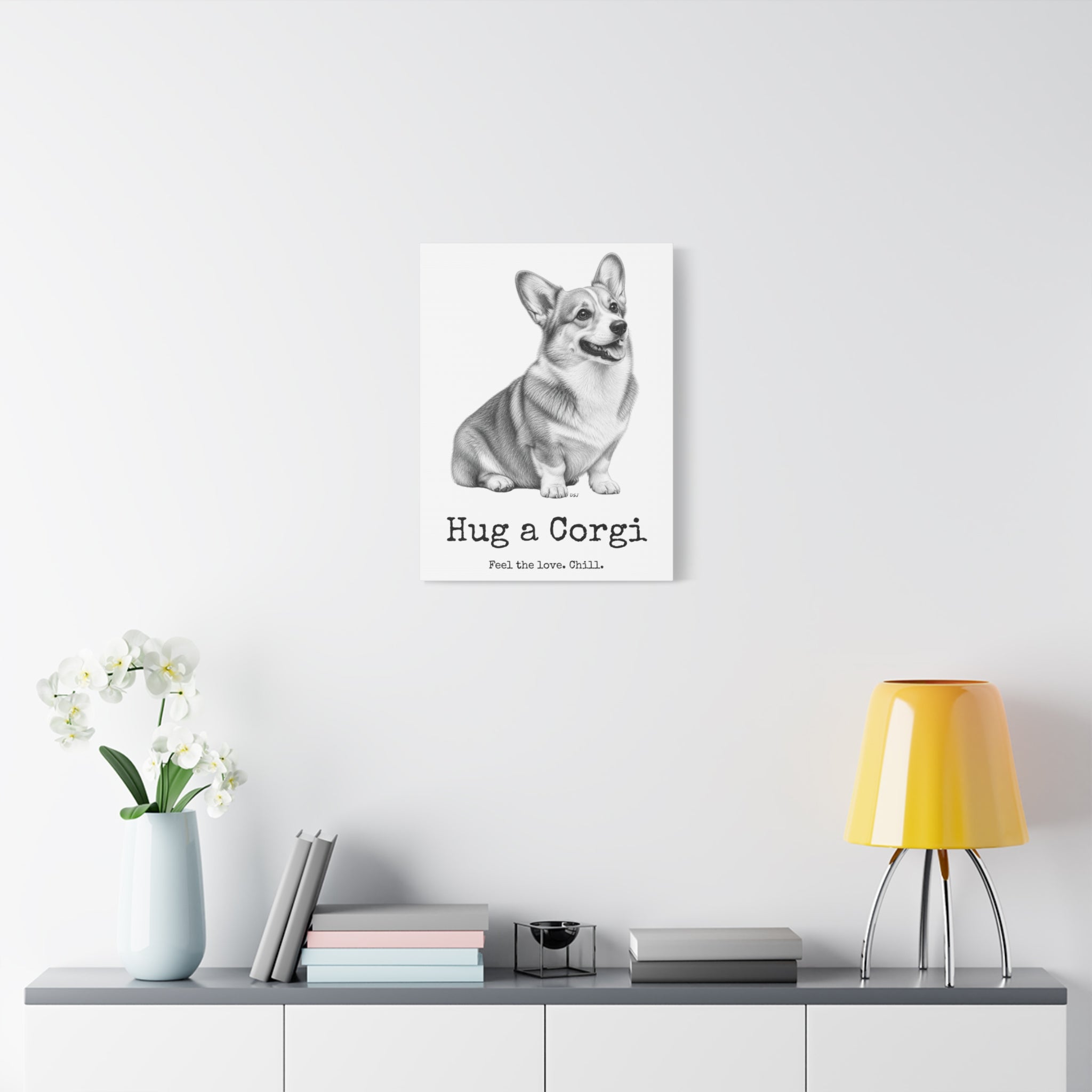 Corgi Canvas Wall Art | Hug a Corgi | Charcoal Sketch Print