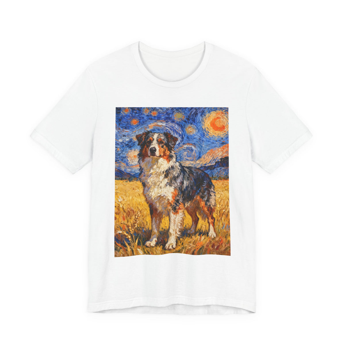 Australian Shepherd In A Field T Shirt | Living Work of Art Collection | Van Gogh Style
