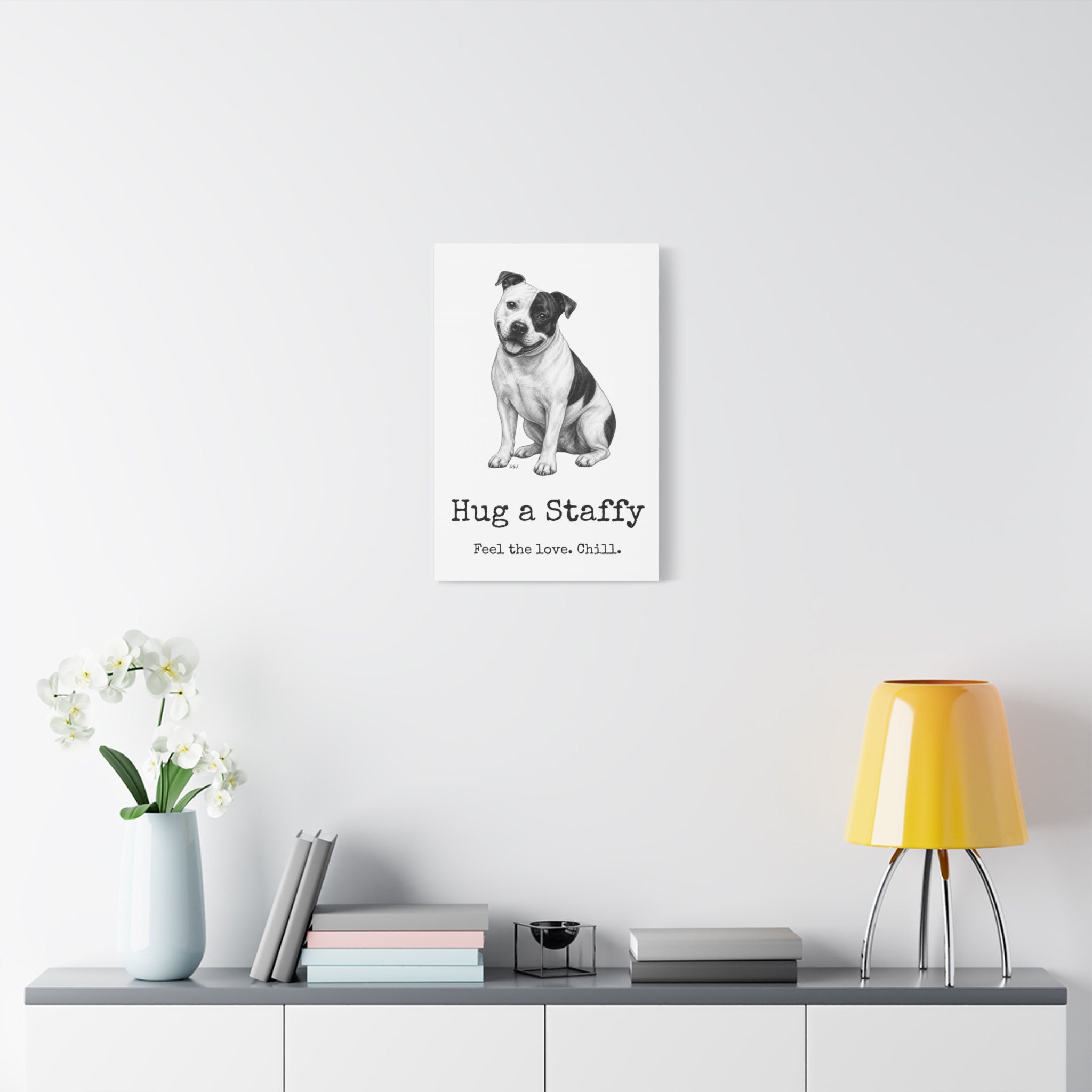 Staffordshire Bull Terrier Canvas Wall Art | Hug a Staffy | Charcoal Sketch Print
