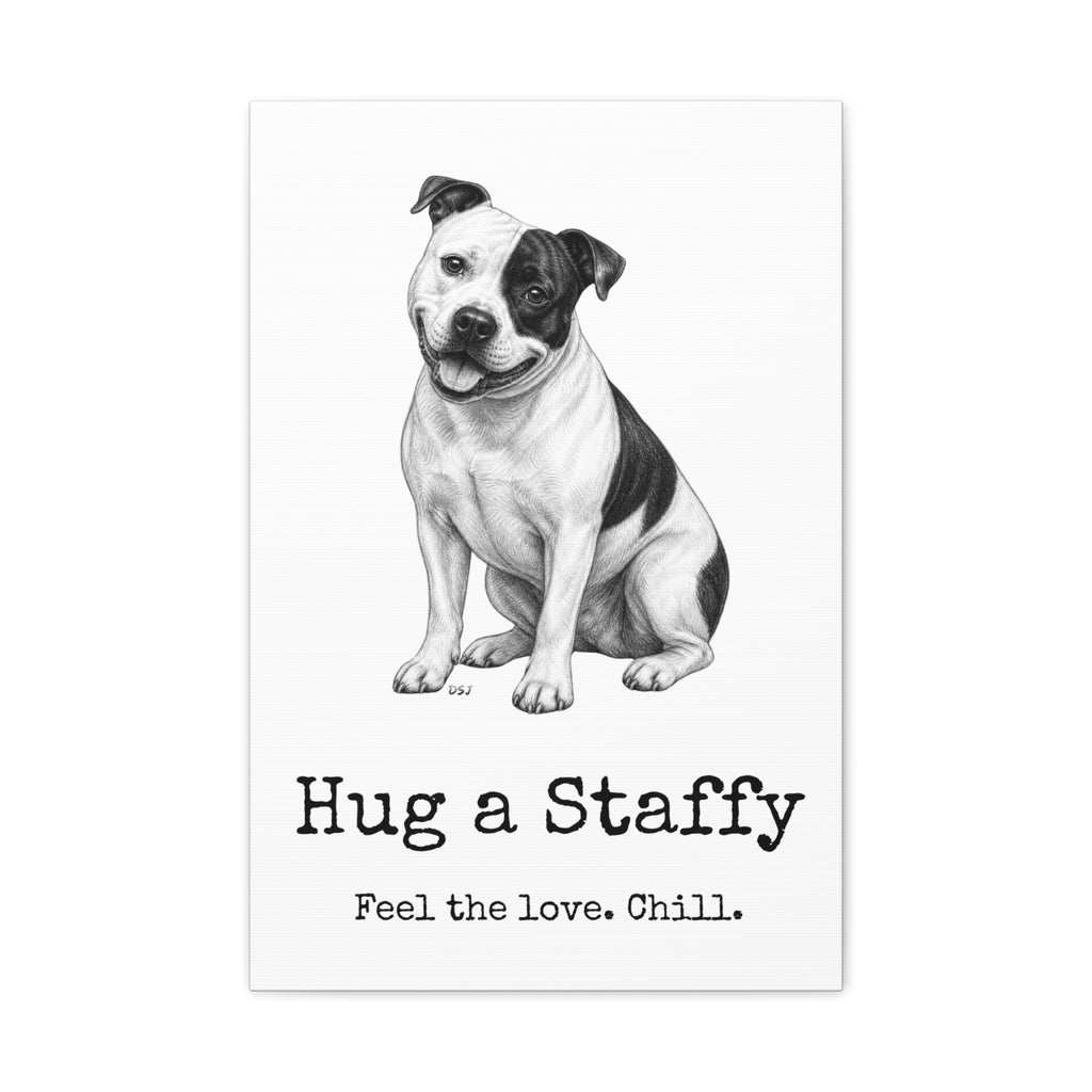 Staffordshire Bull Terrier Canvas Wall Art | Hug a Staffy | Charcoal Sketch Print