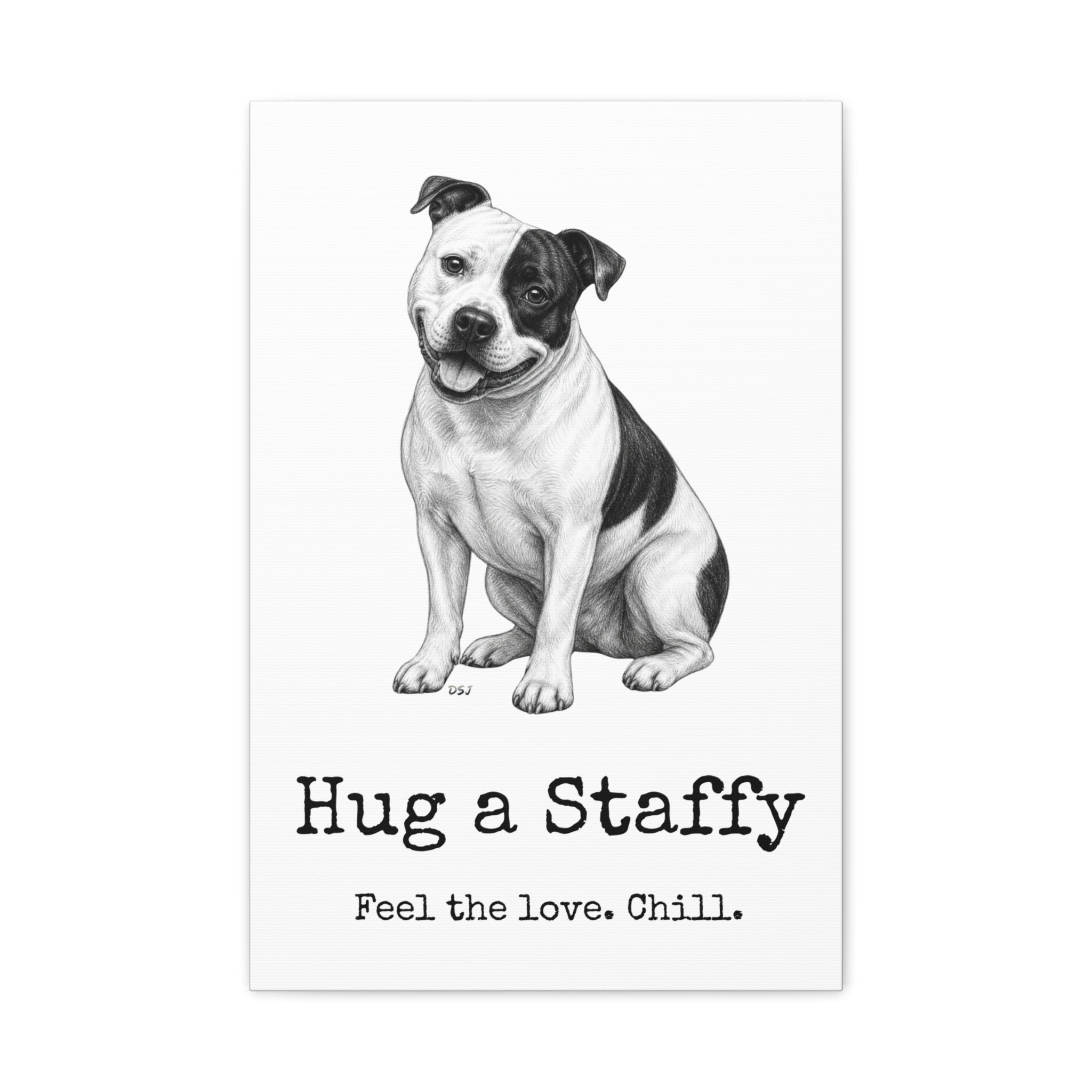 Staffordshire Bull Terrier Canvas Wall Art | Hug a Staffy | Charcoal Sketch Print