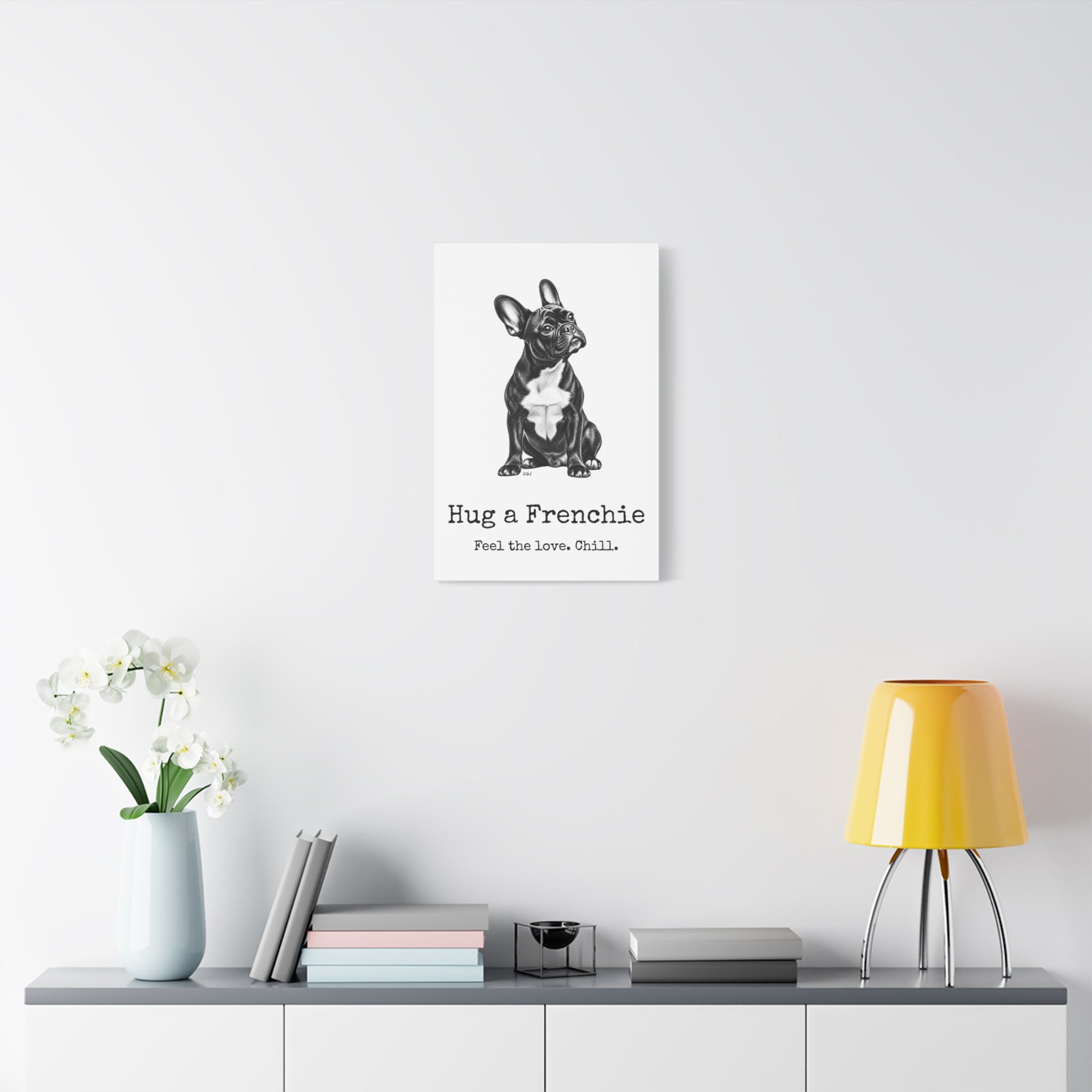 French Bulldog Canvas Wall Art | Hug a Frenchie | Charcoal Sketch Print