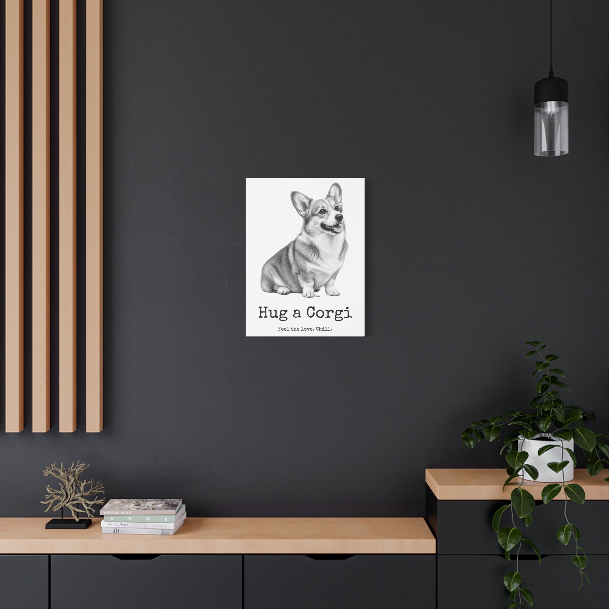 Corgi Canvas Wall Art | Hug a Corgi | Charcoal Sketch Print