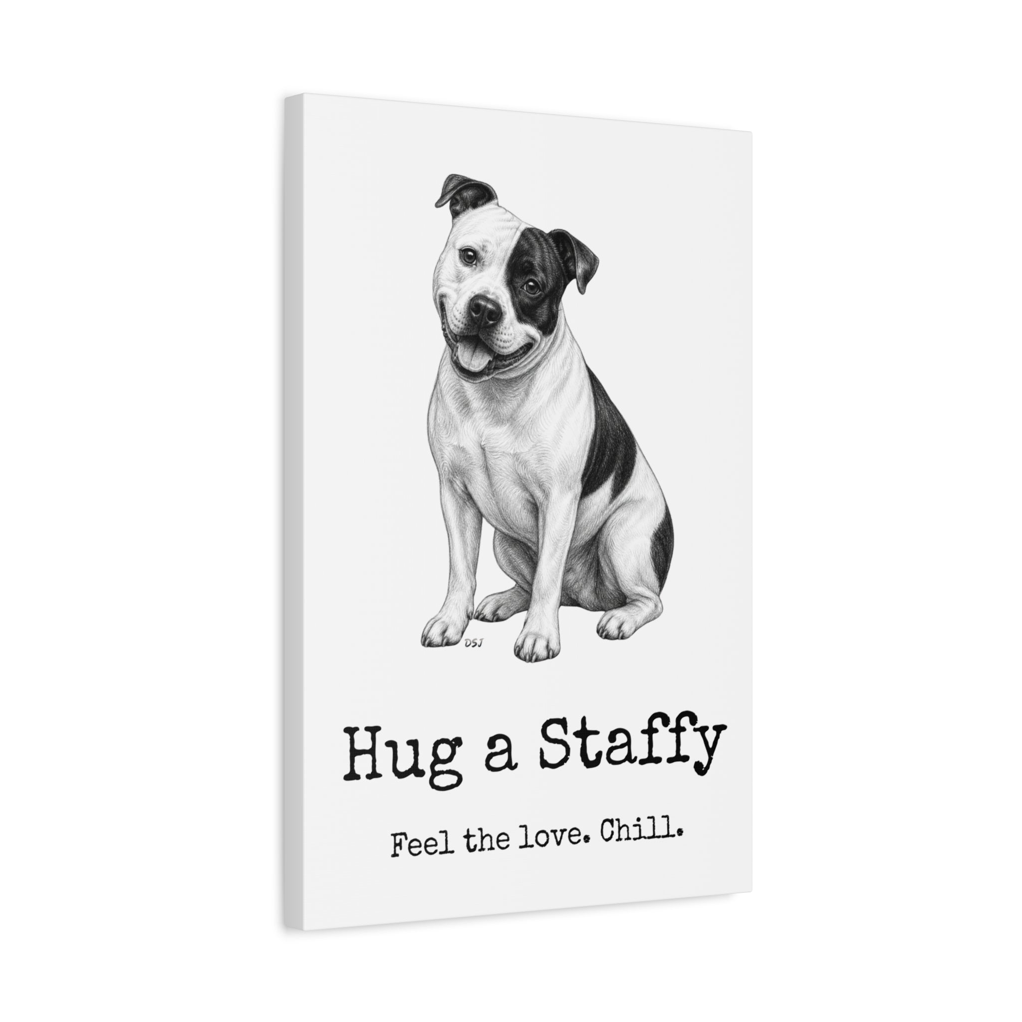 Staffordshire Bull Terrier Canvas Wall Art | Hug a Staffy | Charcoal Sketch Print